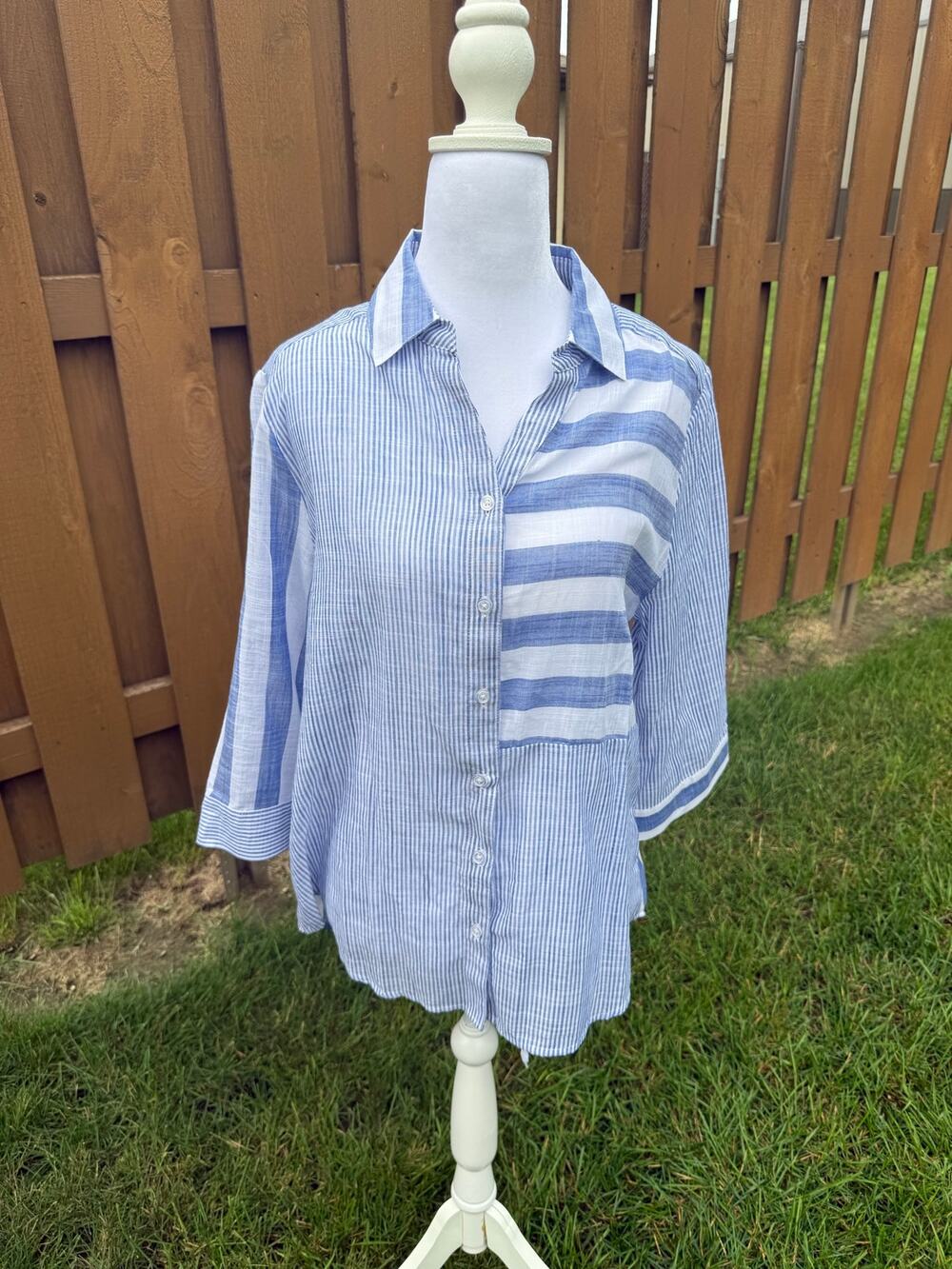 Chico's Yarndye Patchwork Button-up Enamal Blue Size 1 (8/10) NWT